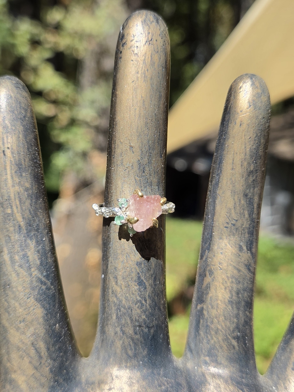 Handcrafted Pink Raw Gemstone Ring with Green Accent Stones